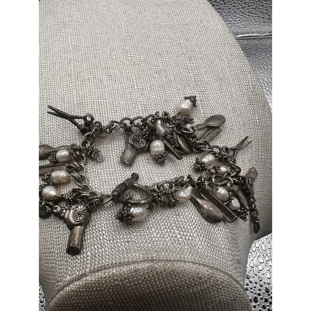 Silver Tone Vintage Charm Bracelet Toggle Clasp Hairdresser Comb Pearl Scissors